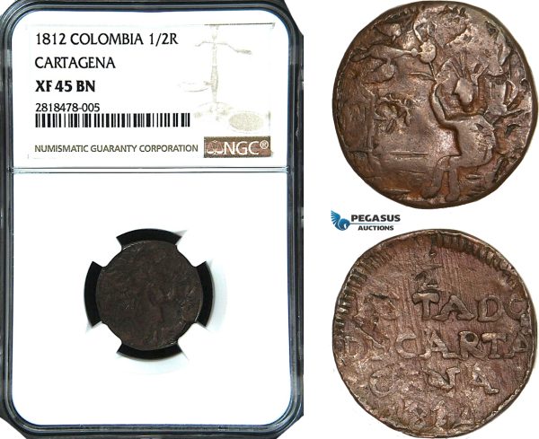 AB444, Colombia, Cartagena, 1/2 Real 1812, NGC XF45BN