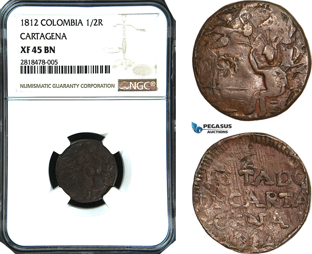 AB444, Colombia, Cartagena, 1/2 Real 1812, NGC XF45BN
