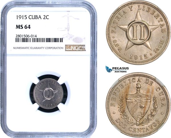AB445, Cuba, 2 Centavos 1915, NGC MS64