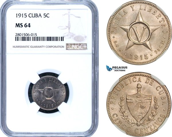 AB446, Cuba, 5 Centavos 1915, NGC MS64