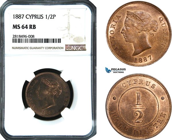 AB447, Cyprus, Victoria, 1/2 Piastre 1887, London, NGC MS64RB