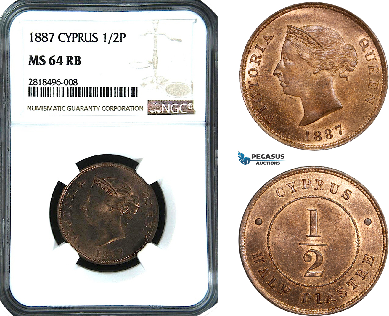 AB447, Cyprus, Victoria, 1/2 Piastre 1887, London, NGC MS64RB