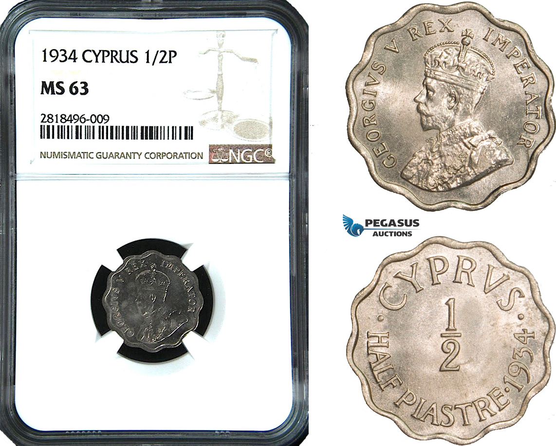 AB448, Cyprus, Victoria, 1/2 Piastre 1934, London, NGC MS63