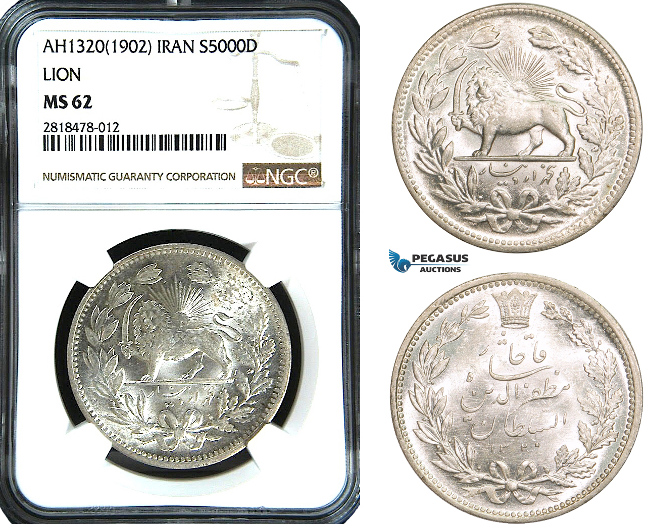 AB481, Iran, Muzaffar al-Din Shah, 5000 Dinars AH1320 (1902) Silver, NGC MS62