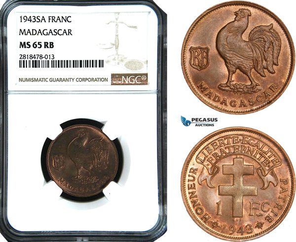 AB486, Madagascar, 1 Franc 1943-SA, NGC MS65RB, Pop 1/0