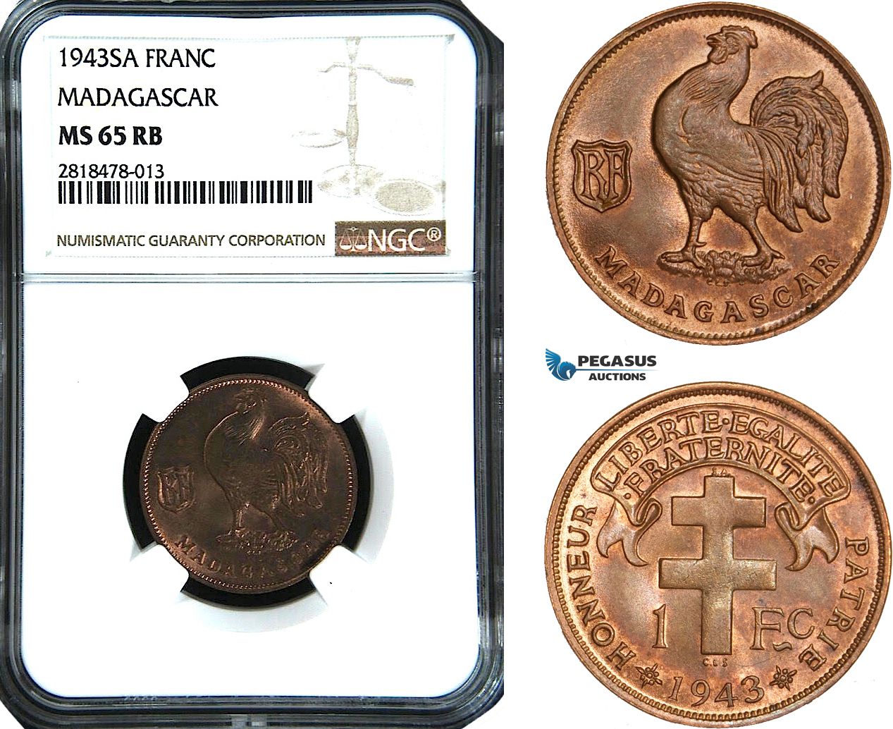 AB486, Madagascar, 1 Franc 1943-SA, NGC MS65RB, Pop 1/0