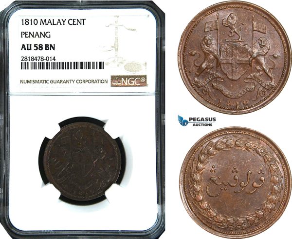 AB487, Malay Peninsula, Penang, 1 Cent 1810, NGC AU58BN