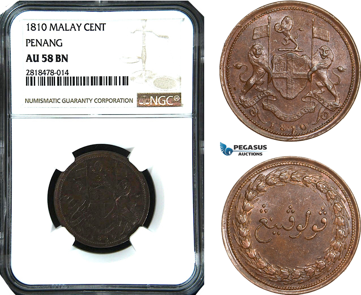 AB487, Malay Peninsula, Penang, 1 Cent 1810, NGC AU58BN