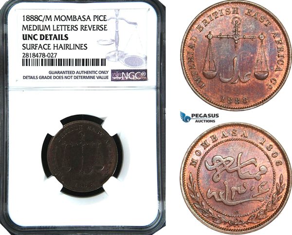 AB500, Mombasa, Pice 1888 C/M, Calcutta, NGC UNC Details
