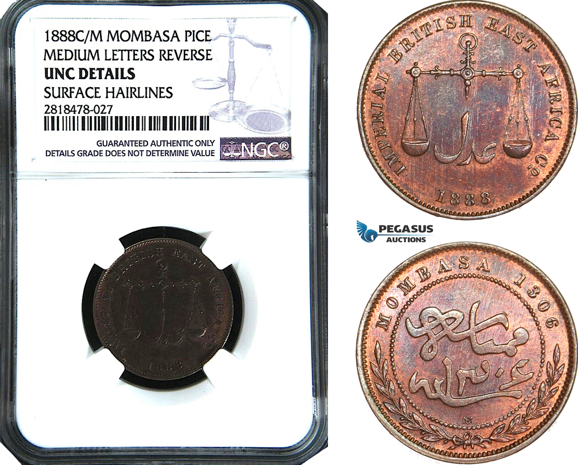 AB500, Mombasa, Pice 1888 C/M, Calcutta, NGC UNC Details