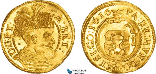 AB528, Transylvania, Gabriel Bethlen, Ducat 1616, Klausenburg, Gold (3.51g) Resch 13, Lustrous Ch UNC, Rare!