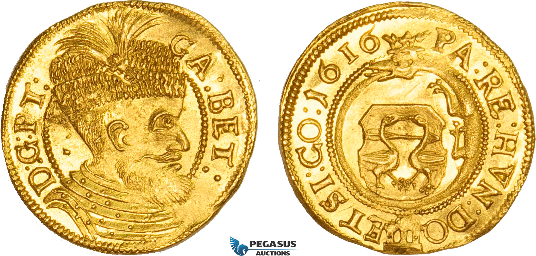 AB528, Transylvania, Gabriel Bethlen, Ducat 1616, Klausenburg, Gold (3.51g) Resch 13, Lustrous Ch UNC, Rare!