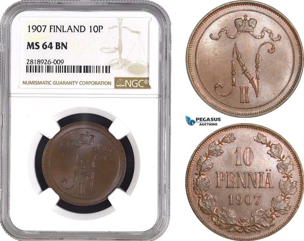 AB537, Finland (under Russia) Nicholas II, 10 Penniä 1907, Helsinki, Copper, NGC MS64BN