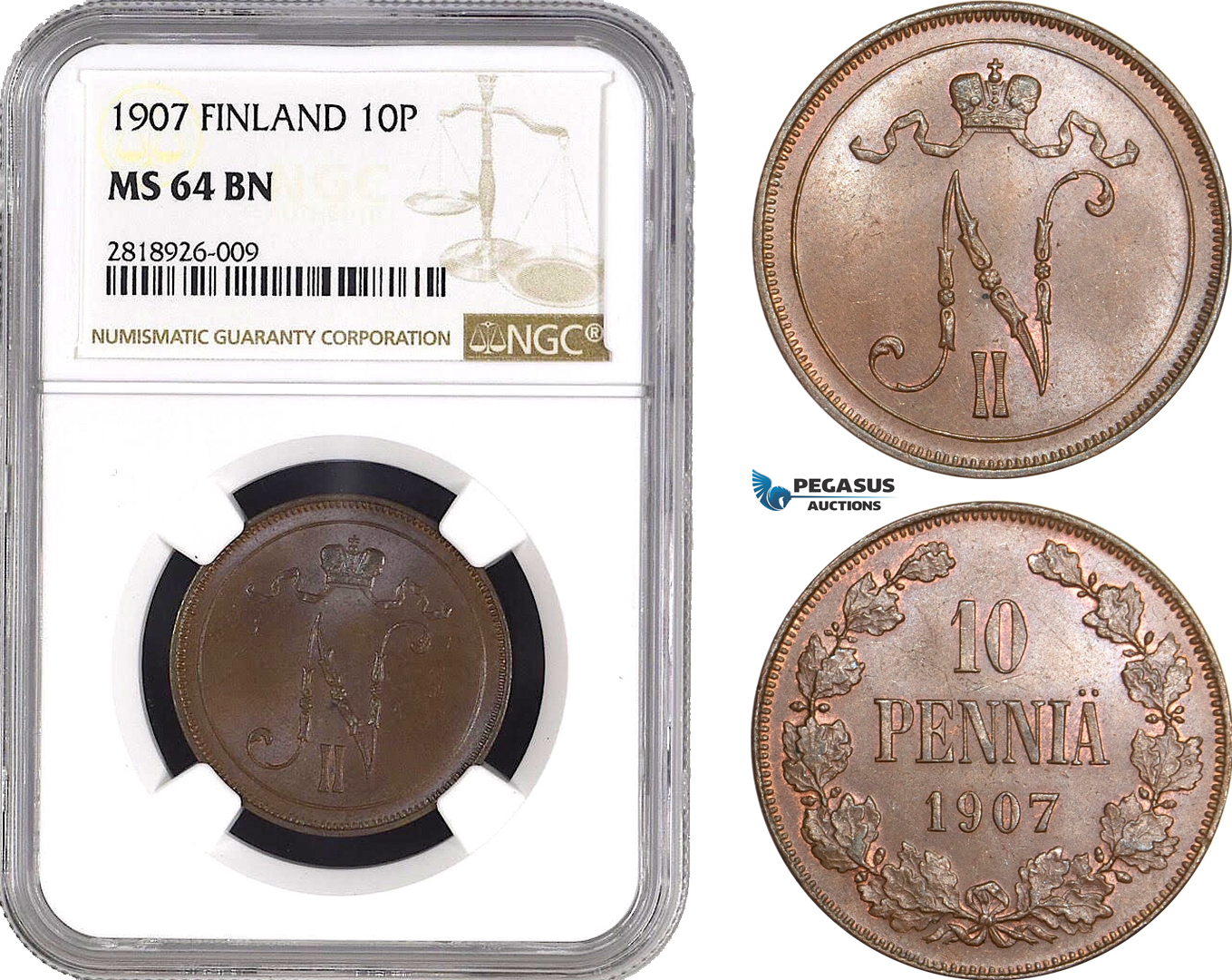 AB537, Finland (under Russia) Nicholas II, 10 Penniä 1907, Helsinki, Copper, NGC MS64BN