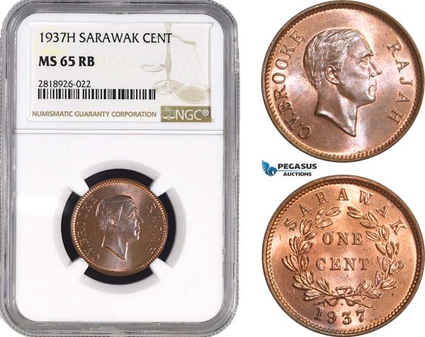 AB551, Sarawak, C.V. Brooke, 1 Cent 1937-H, Heaton, NGC MS65RB