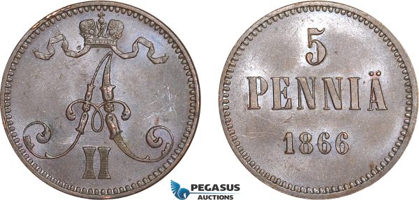 AB564, Finland under Russia, Alexander II, 5 Penniä 1866, Lustrous AU (Few marks)