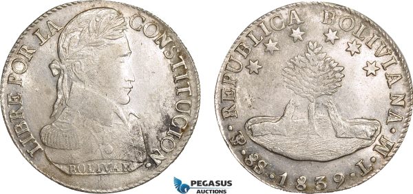 AB598, Bolivia, 8 Soles 1839 PTS LM, Potosi, Silver, Lustrous UNC (Weak corrosion)