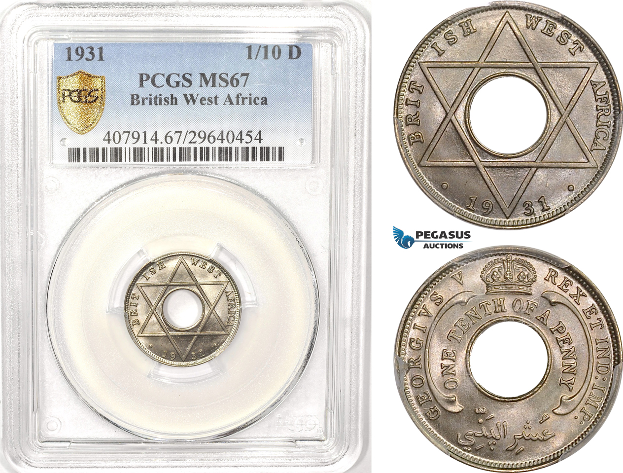 AB610, British West Africa, George V, 1/10 Penny 1931, London, PCGS MS67, Pop 1/0