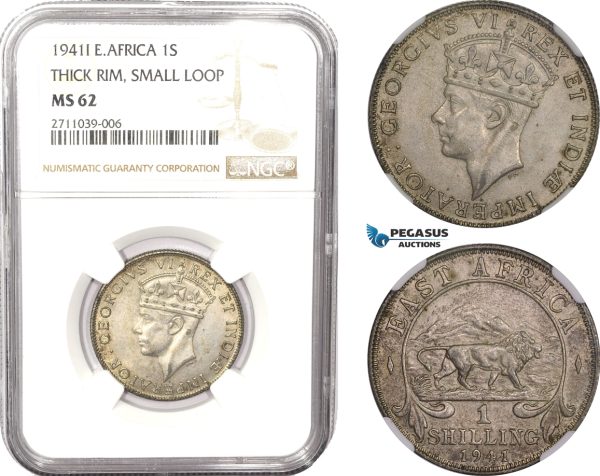 AB612, East Africa, George VI, 1 Shilling 1941-I, Bombay, Silver, NGC MS62