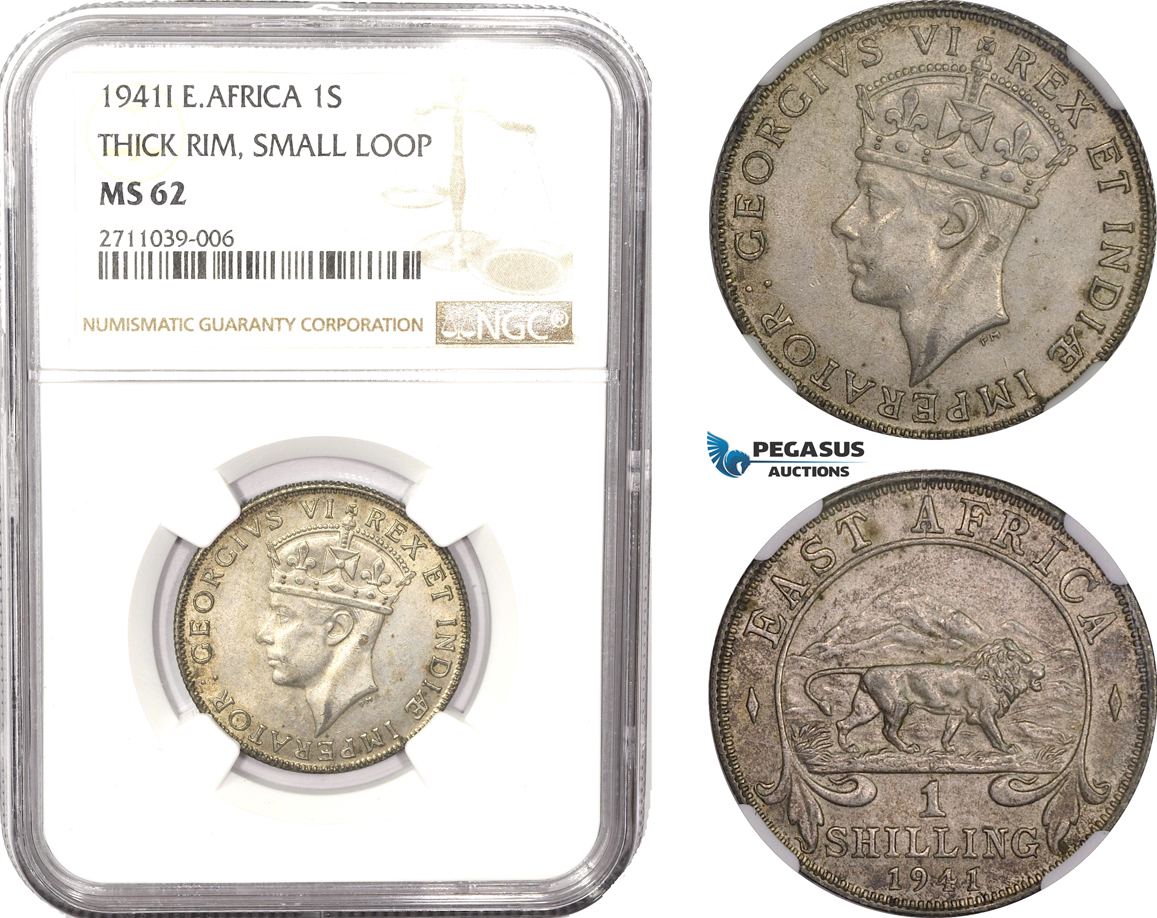 AB612, East Africa, George VI, 1 Shilling 1941-I, Bombay, Silver, NGC MS62