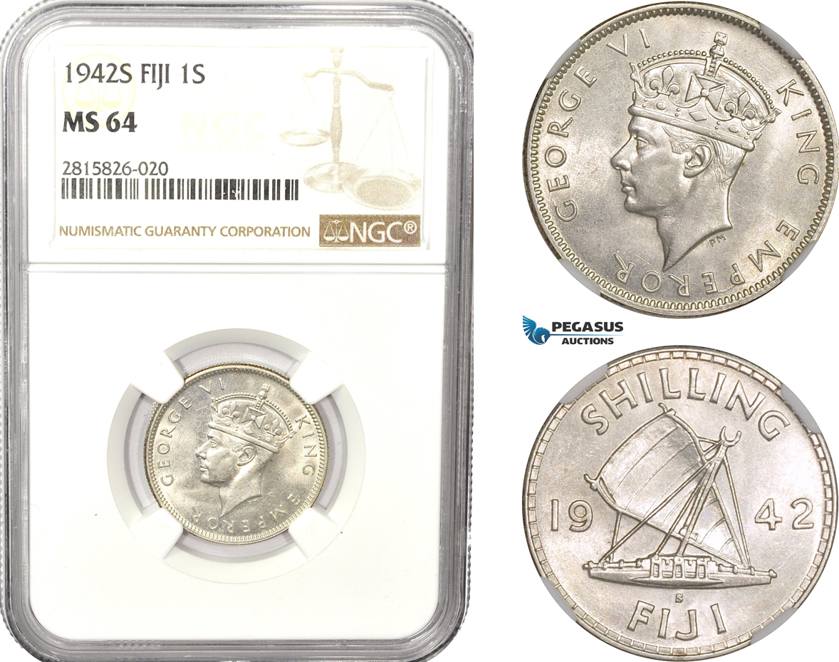 AB613, Fiji, George VI, 1 Shilling 1942-S, San Francisco, Silver, NGC MS64