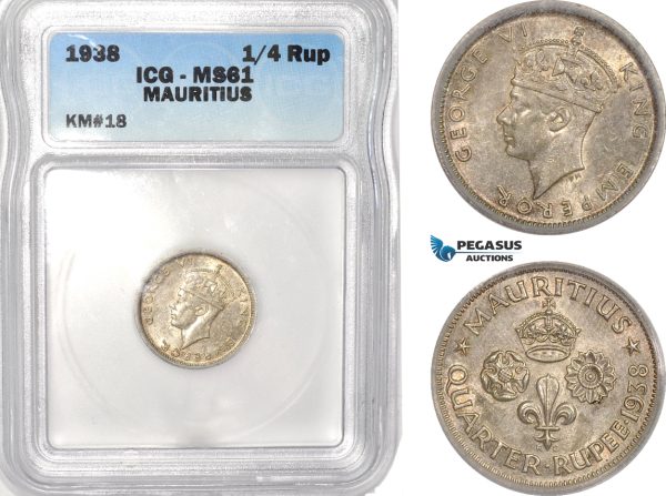 AB617, Mauritius, George VI, 1/4 Rupee 1938, Silver, ICG MS61