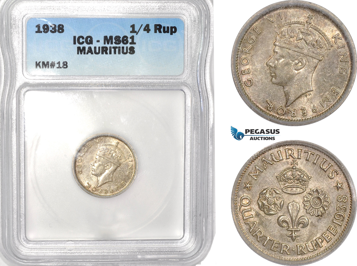 AB617, Mauritius, George VI, 1/4 Rupee 1938, Silver, ICG MS61