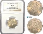 AB627, Seychelles, George VI, 10 Cents 1951, NGC MS64