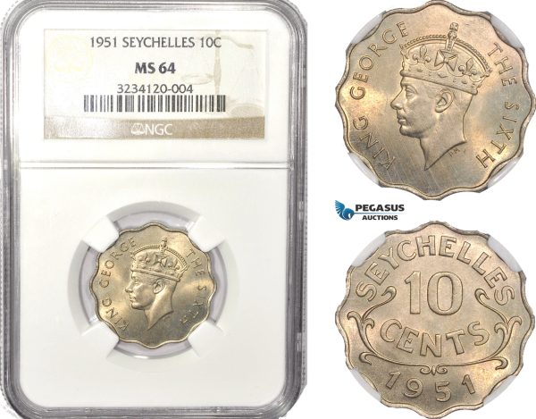AB627, Seychelles, George VI, 10 Cents 1951, NGC MS64