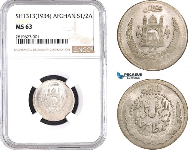 AB650, Afghanistan, Muhammed Zahir Shah, 1/2 Afghani SH1313 (1934) Silver, NGC MS63