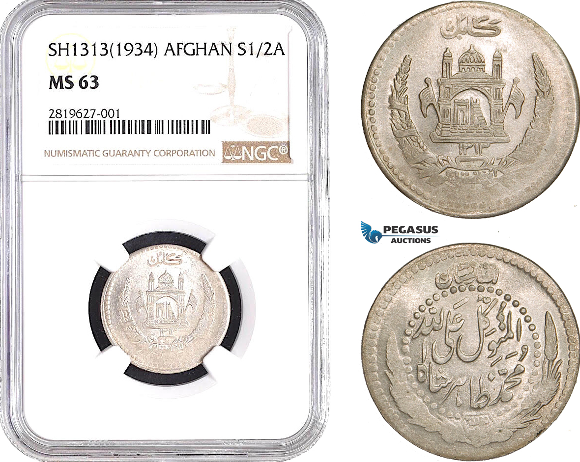 AB650, Afghanistan, Muhammed Zahir Shah, 1/2 Afghani SH1313 (1934) Silver, NGC MS63