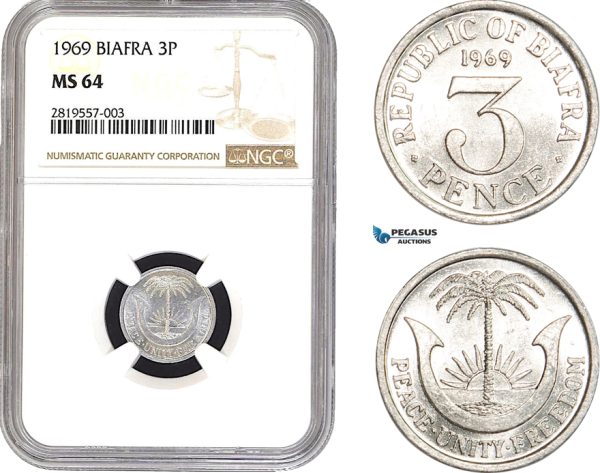 AB652-R, Biafra, 3 Pence 1969, NGC MS64