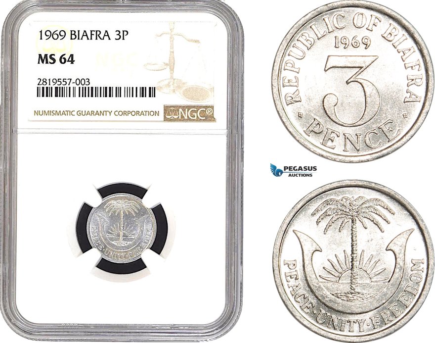 AB652-R, Biafra, 3 Pence 1969, NGC MS64