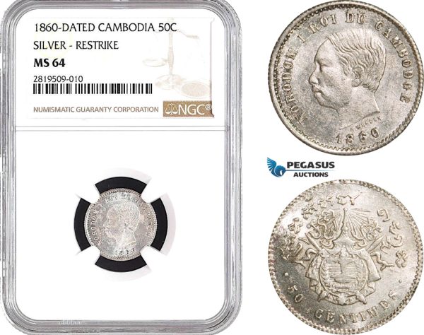 AB665, Cambodia, Norodom I, 50 Centimes 1860, Phnom Penh, Silver, NGC MS64, Pop 3/1