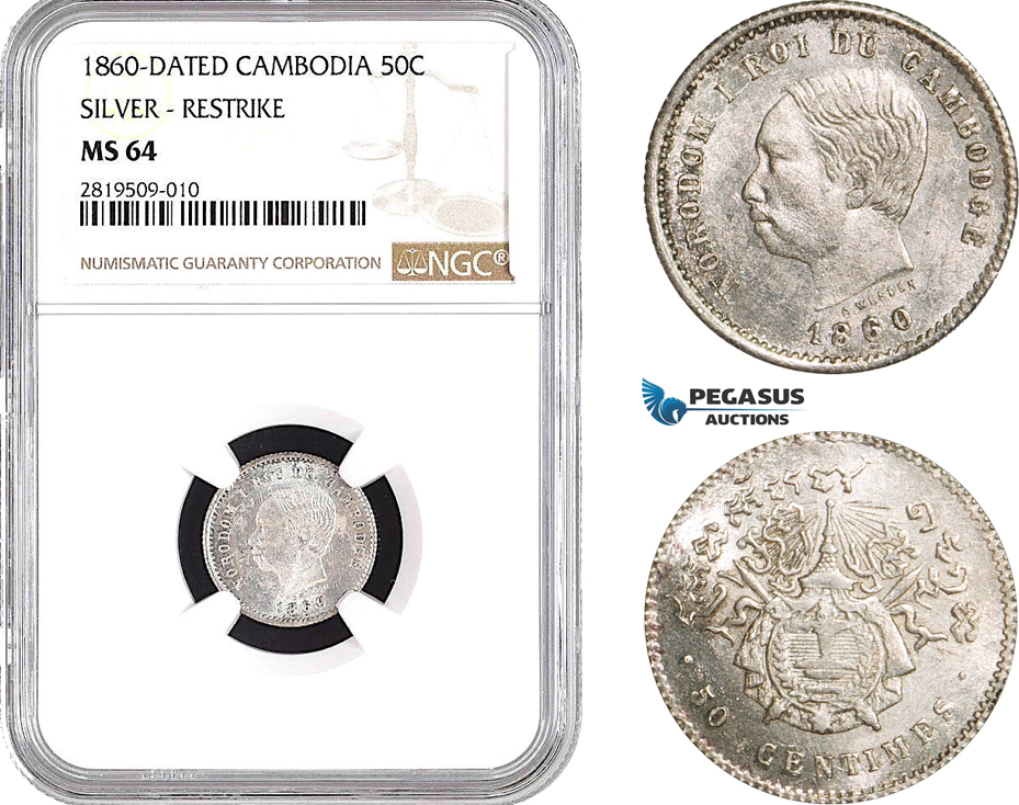 AB665, Cambodia, Norodom I, 50 Centimes 1860, Phnom Penh, Silver, NGC MS64, Pop 3/1