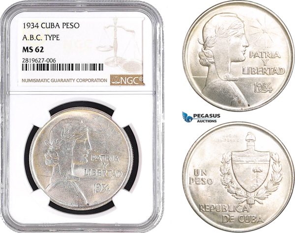 AB668, Cuba, "ABC" Peso 1934, Philadelphia, Silver, NGC MS62