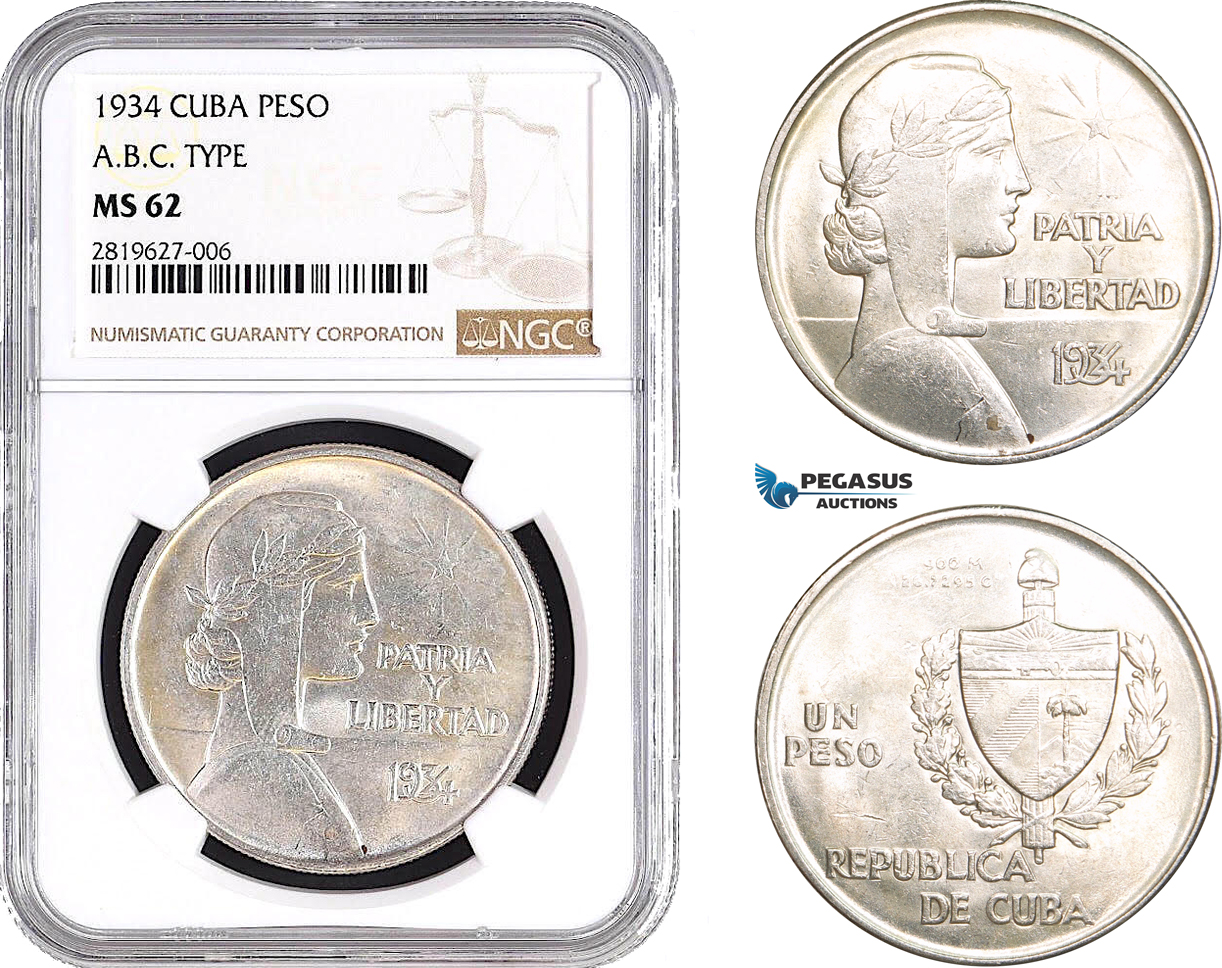 AB668, Cuba, "ABC" Peso 1934, Philadelphia, Silver, NGC MS62