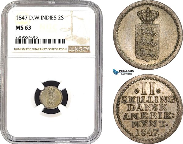 AB669-R, Danish West Indies, 2 Skilling 1847, Silver, NGC MS63