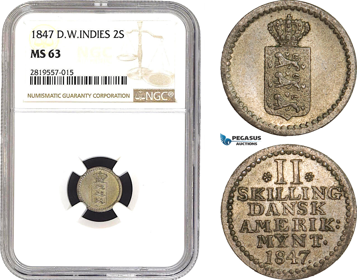 AB669-R, Danish West Indies, 2 Skilling 1847, Silver, NGC MS63