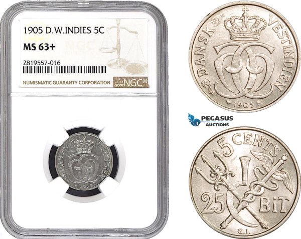 AB670-R, Danish West Indies, Christian IX, 5 Cents / 25 Bit 1905, Copenhagen, NGC MS63+