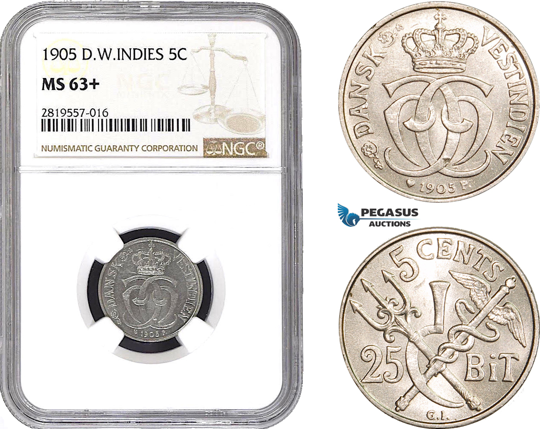AB670-R, Danish West Indies, Christian IX, 5 Cents / 25 Bit 1905, Copenhagen, NGC MS63+