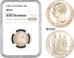 AB671, Danish West Indies, Frederik VIII, 20 Cents / Franc 1907, Copenhagen, Silver, NGC MS63