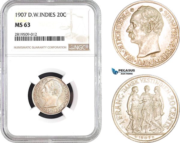 AB671, Danish West Indies, Frederik VIII, 20 Cents / Franc 1907, Copenhagen, Silver, NGC MS63