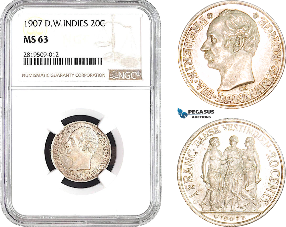 AB671, Danish West Indies, Frederik VIII, 20 Cents / Franc 1907, Copenhagen, Silver, NGC MS63