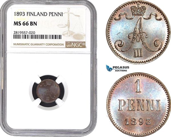 AB676-R, Finland (under Russia) Alexander III, 1 Penni 1893, NGC MS66, Pop 4/0