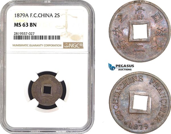 AB684-R, French Cochine-China, 2 Sapeque 1879-A, Paris, NGC MS63BN