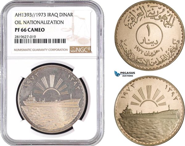 AB703, Iraq, Dinar AH1393 (1973) Silver, "Oil Nationalization" NGC PF66 Cameo