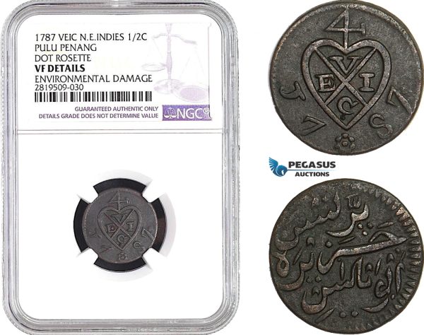 AB715, Netherlands East Indies (VEIC) Pulu Penang, 1/2 Cent 1787, Dor Rosette, NGC VF Details