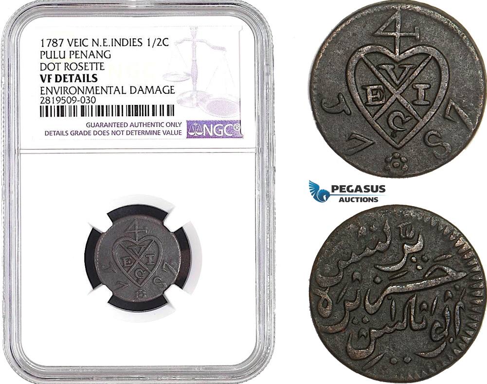 AB715, Netherlands East Indies (VEIC) Pulu Penang, 1/2 Cent 1787, Dor Rosette, NGC VF Details