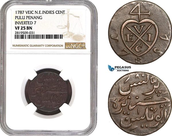 AB716, Netherlands East Indies (VEIC) Pulu Penang, 1 Cent 1787, Inverted 7, NGC VF25BN, Pop 1/0, Rare!